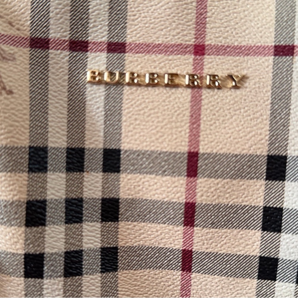 Burberry Beige Plaid Tote with Black Trim and Gold Logo - Picture 9 of 9